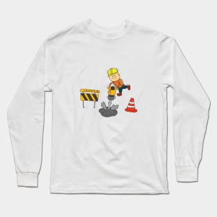 Kids drawing of funny construction worker drilling road with jack hammer Long Sleeve T-Shirt